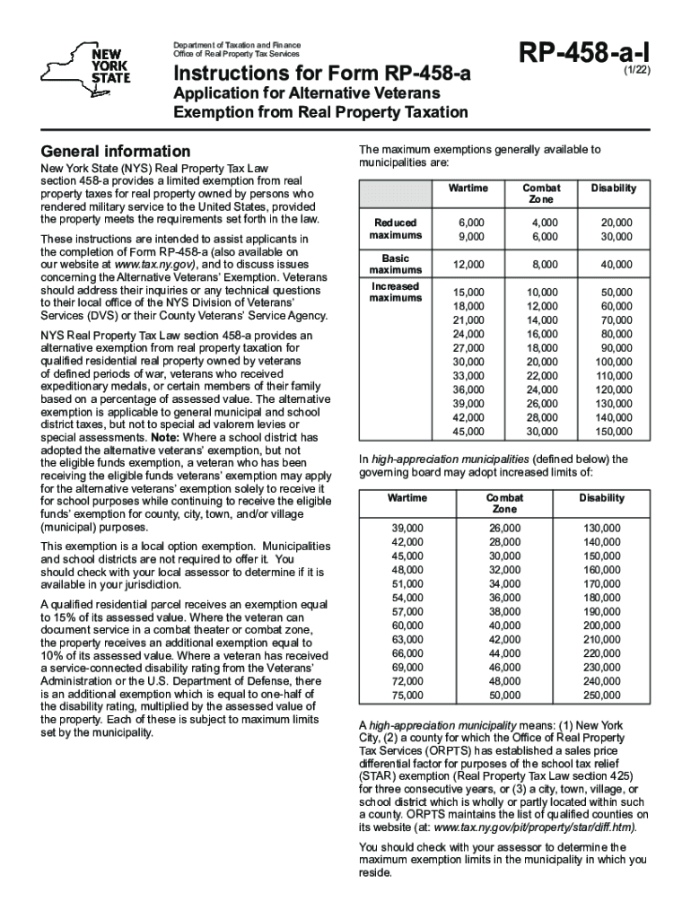 Instructions for Form RP 458 a Application for Alternative Veterans Exemption from Real Property Taxation Revised 1120aInstructi