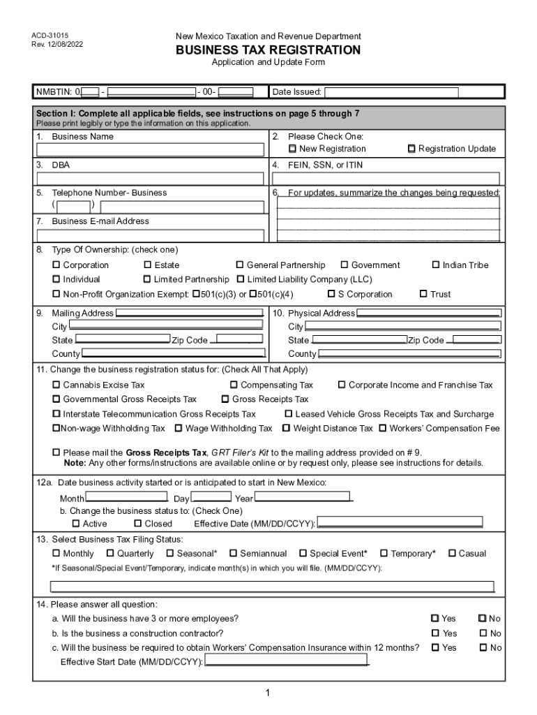  New Mexico Form ACD 31015 Application for Business Tax IDNew Mexico Form ACD 31075 Business Tax RegistrationNew Mexico Form ACD  2022-2024