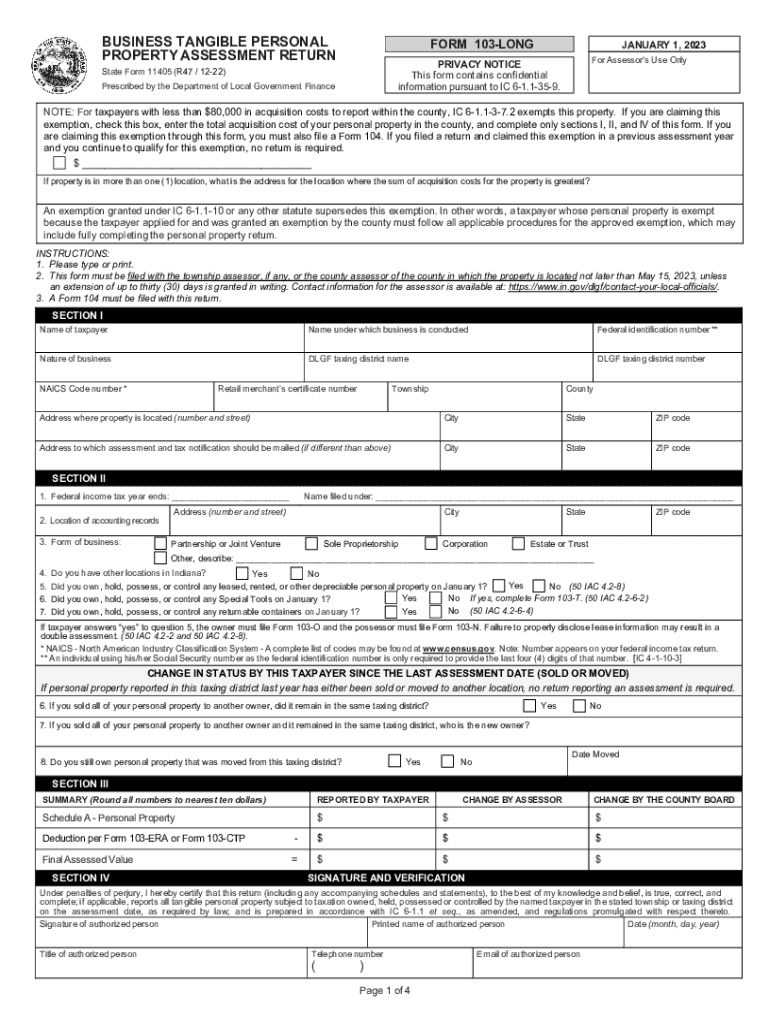  Indiana Form 103 Short Business Tangible Personal Property ReturnPersonal Property DLGFDLGF Personal Property Forms Montgomery C 2022-2024