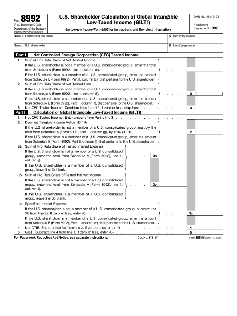  Form 8992 Rev December U S Shareholder Calculation of Global Intangible Low Taxed Income GILTI 2022-2024