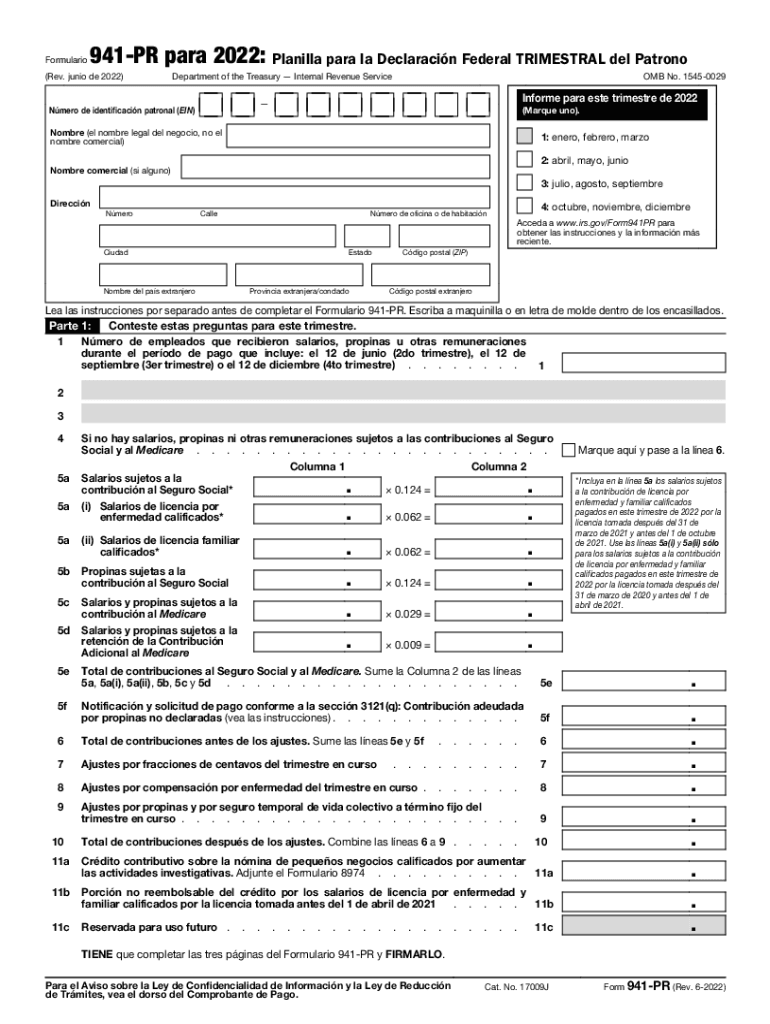  Form 941 PR Rev June Employer&#039;s Quarterly Federal Tax Return Puerto Rican Version 2022