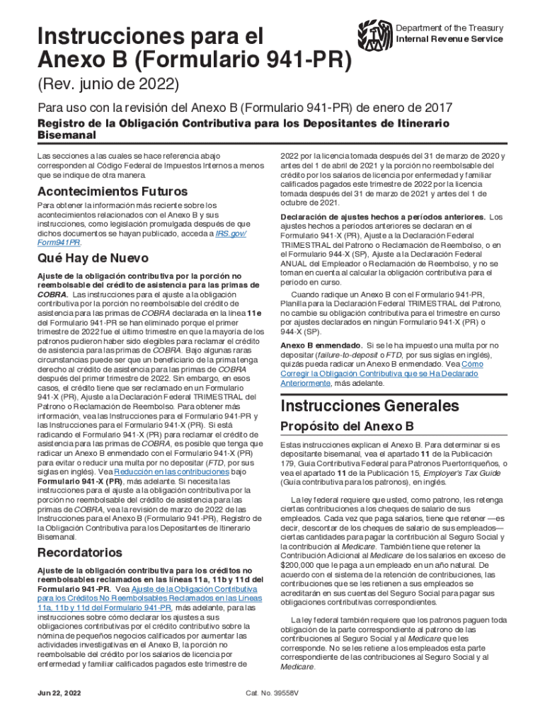  Instrucciones Para El Anexo B Formulario 941 PR Rev Junio Instrucciones Para El Anexo B Formulario 941 PR, Registro De La Obliga 2022