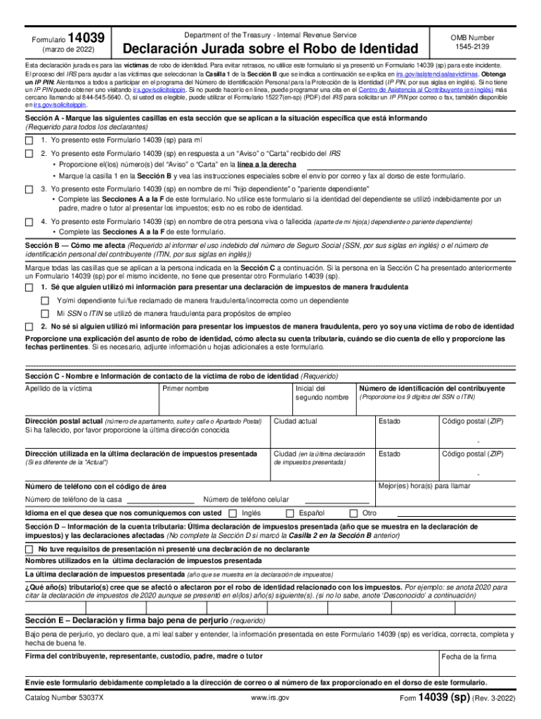  Form 14039 Sp Rev 3 Identity Theft Affidavit Spanish Version 2022