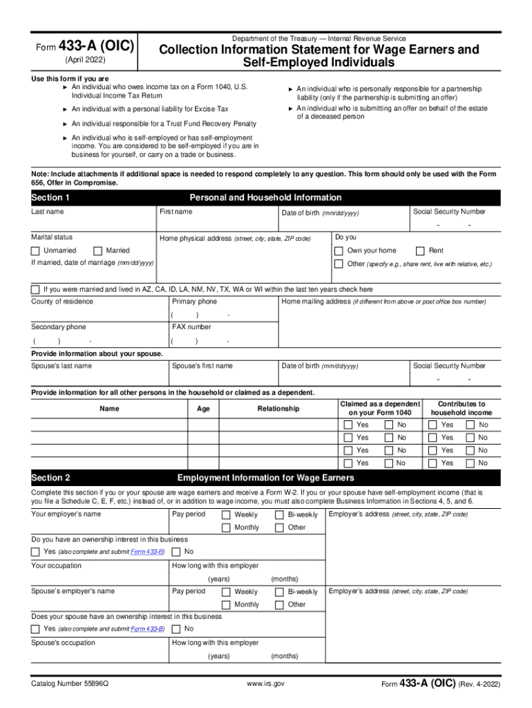  Form 433 a OIC Collection Information Statement for Wage Earners and 2022