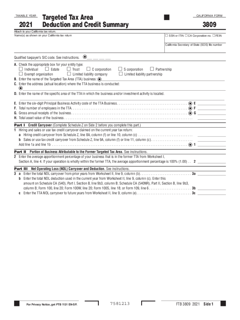  California Form 3809 Targeted Tax Area Deduction and Credit Summary 2021
