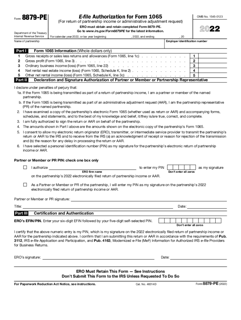  Form 8879 PE E File Authorization for Form 1065 2022