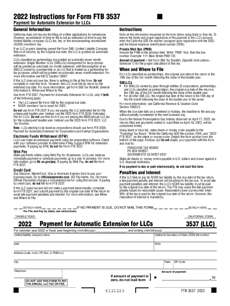  Form FTB3537 &amp;quot;Payment for Automatic Extension for Llcs&amp;quot; California 2022-2024