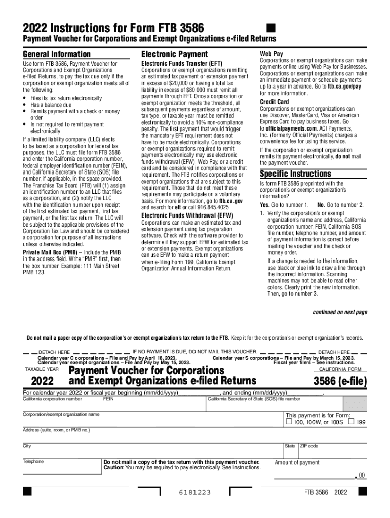  California Form 3586 E File Payment Voucher for Corporations and Exempt Organizations E Filed Returns 2022-2024