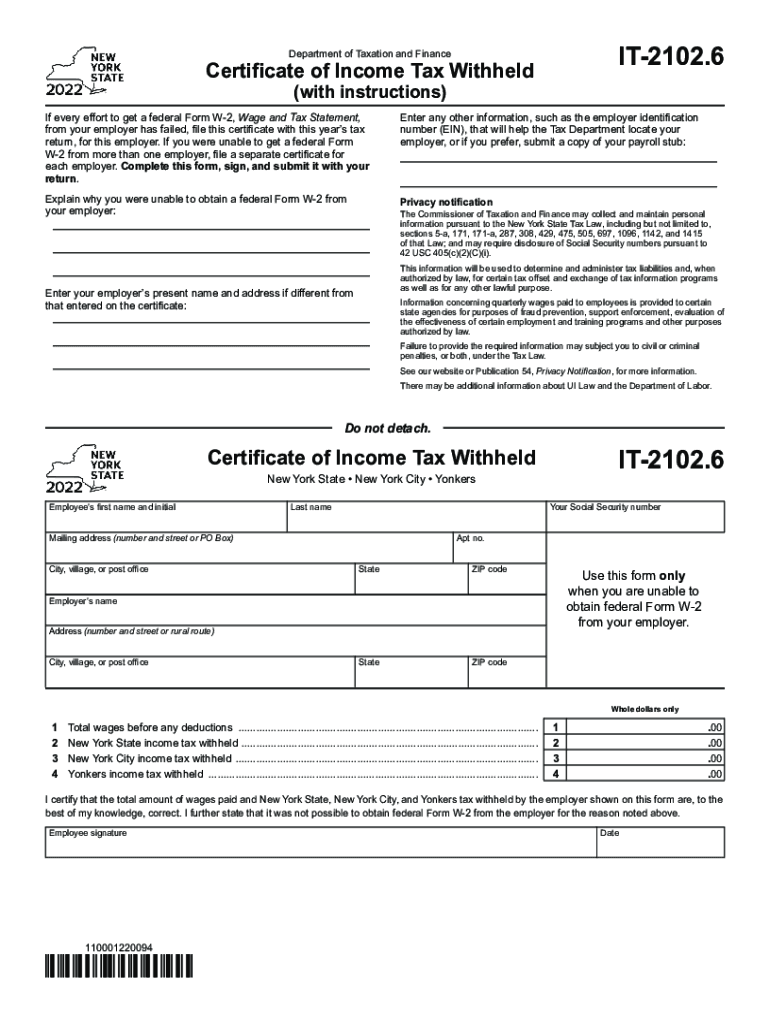  Form it 2102 6 Certificate of Income Tax Withheld Tax Year 2022