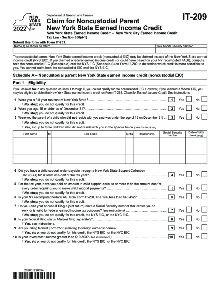  Form it 209 Claim for Noncustodial Parent New York State Earned Income 2022
