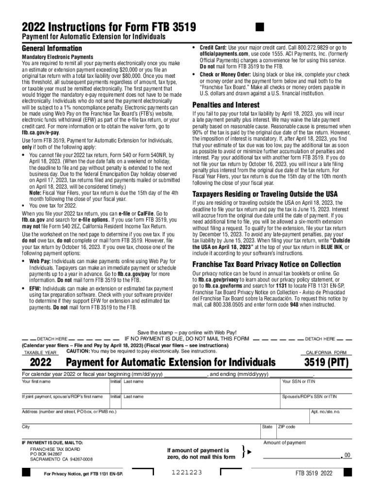  CA Form 3519 Payment for Automatic Extension for Individuals 2022-2024