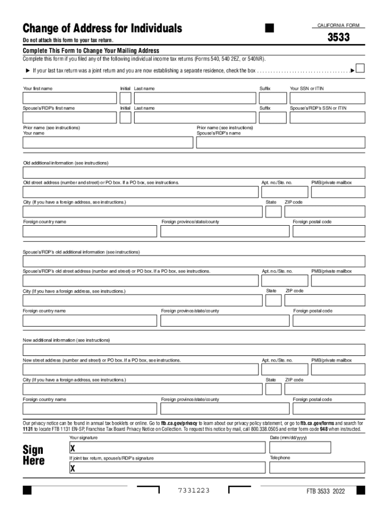  Form FTB3533 &amp;quot;Change of Address for Individuals&amp;quot; California 2022-2024