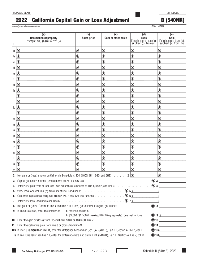  Form 540NR Schedule D &amp;quot;California Capital Gain or Loss Adjustment 2022-2024