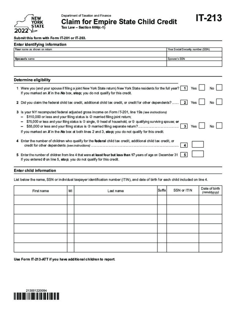  Form it 213 Claim for Empire State Child Credit Tax Year 2022