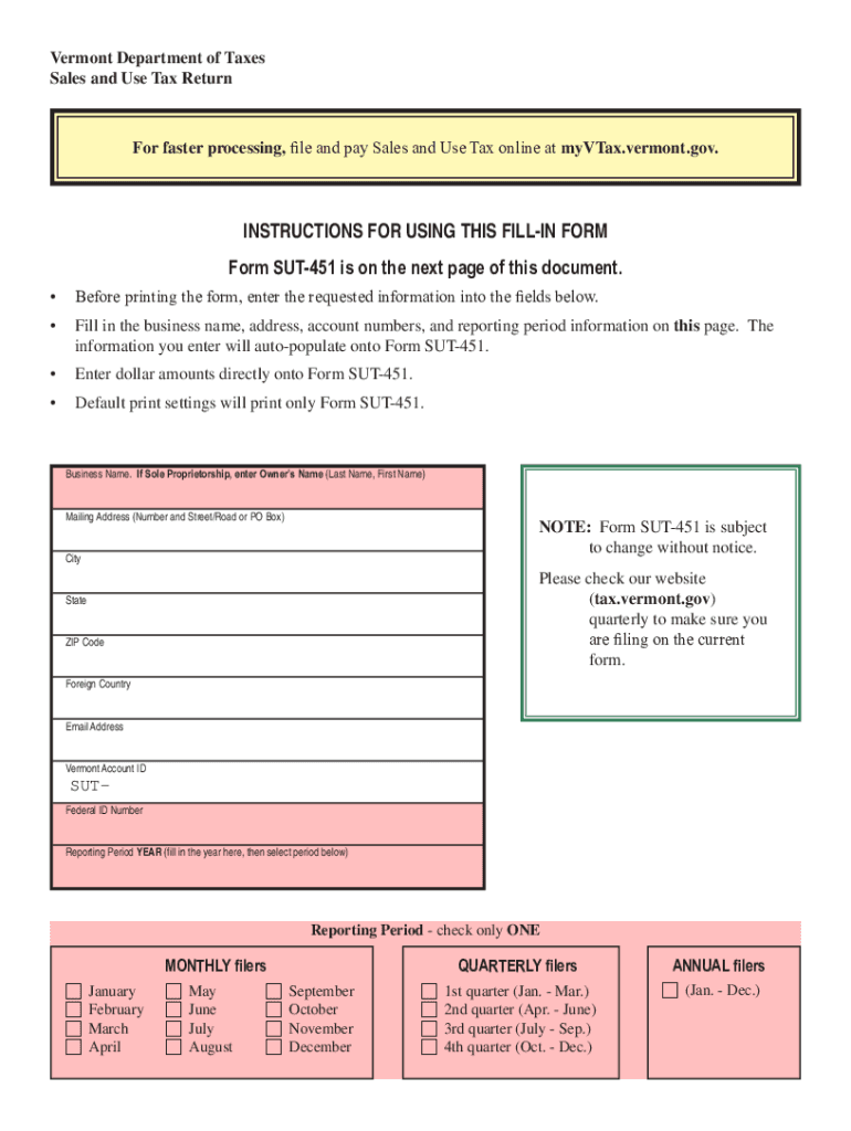  SUT 451 PDF Vermont Department of Taxes 2022-2024