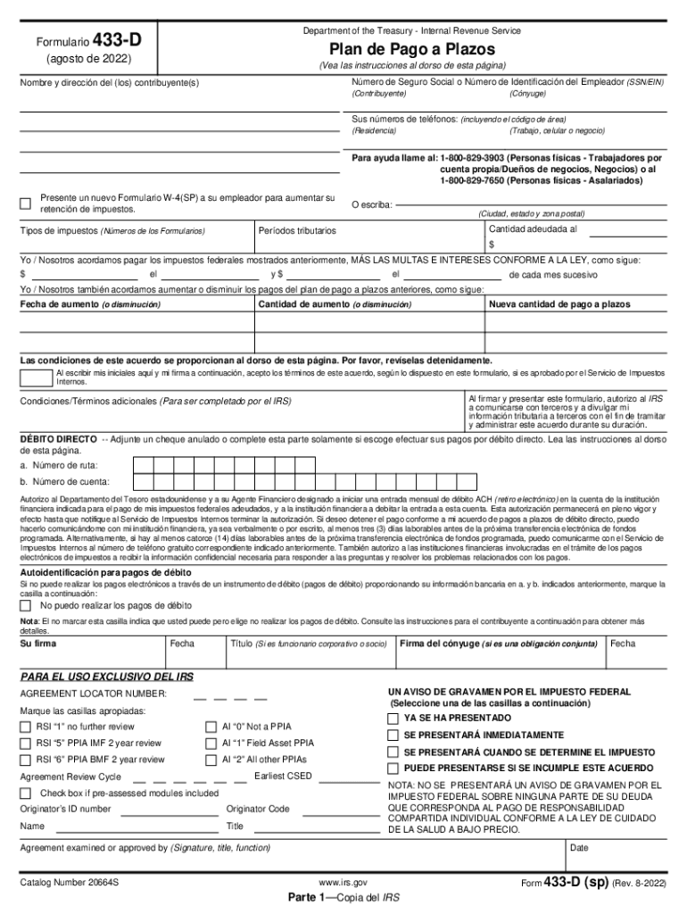  Form 433 D Sp Rev 8 Installment Agreement Spanish Version 2022-2024