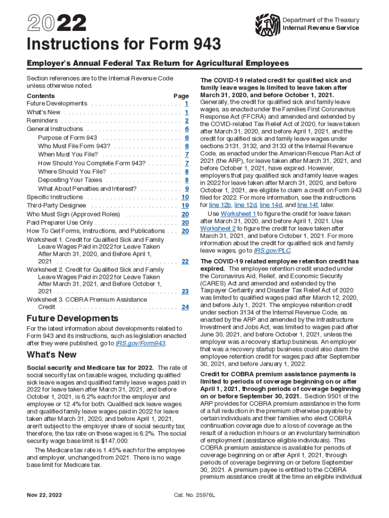  Instructions for Form 943 Instructions for Form 943, Employer&#039;s Annual Federal Tax Return for Agricultural Employees 2022-2024