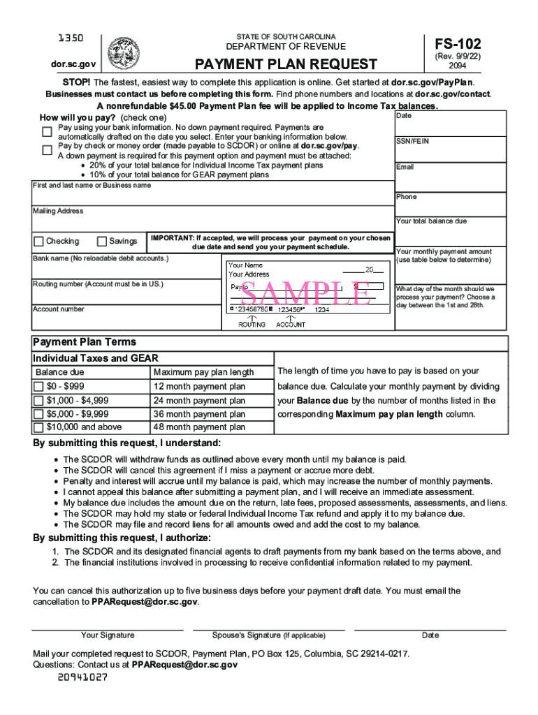  Dor Sc Govforms SiteFormsSTATE of SOUTH CAROLINA FS 102 DEPARTMENT of REVENUE Rev 9 2022-2024