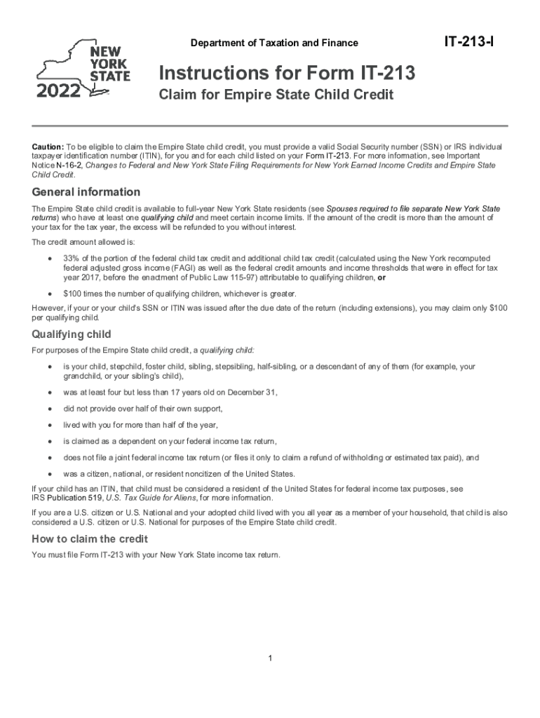  Enhanced Form it 213, Claim for Empire State Child Credit 2022