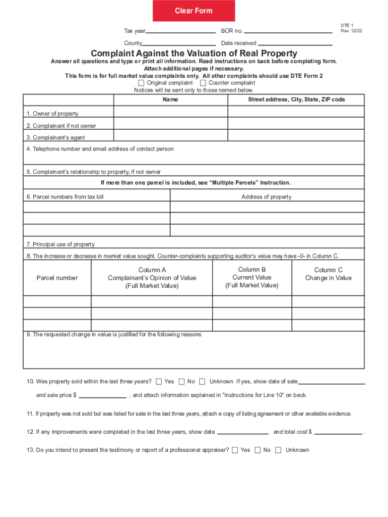  Fillable Online DTE 1 BOR No , Tax Year County Complaint Against the 2022-2024