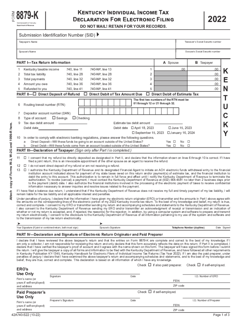  Form 8879 K Kentucky Individual Income Tax Declaration for Electronic 2022