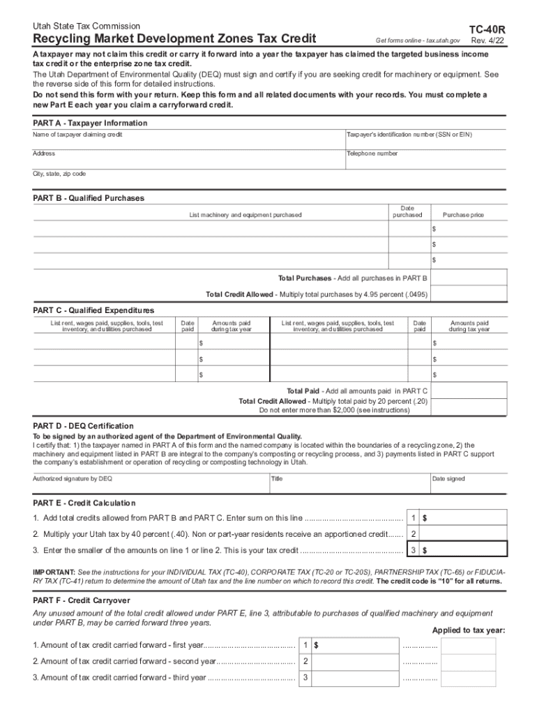  TC 40R, Utah Recycling Market Development Zones Tax Credit Forms &amp;amp; Publications 2022-2024