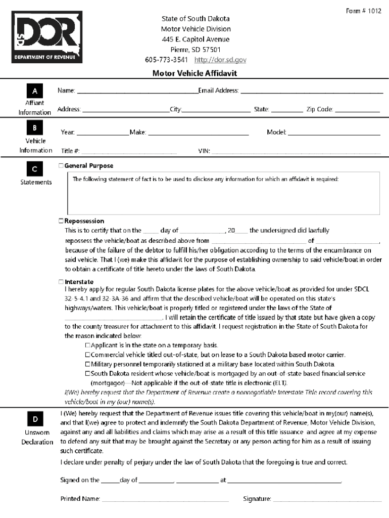 SD Motor Vehicle Affidavit Form