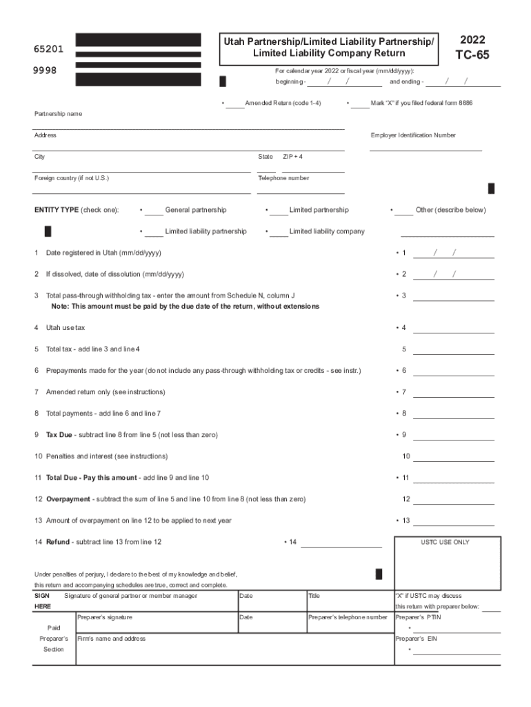  Instructions for Form TC 65 &amp;quot;Utah PartnershipLimited Liability 2022