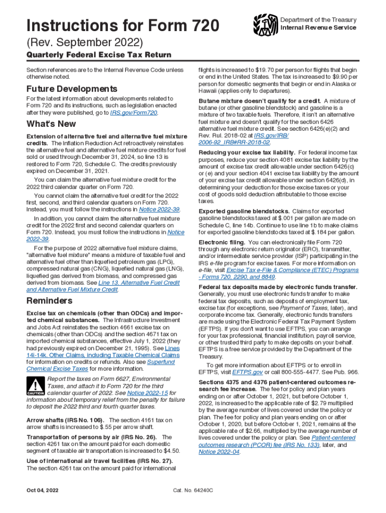  Instructions for Form 720 Rev September Instructions for Form 720, Quarterly Federal Excise Tax Return 2022