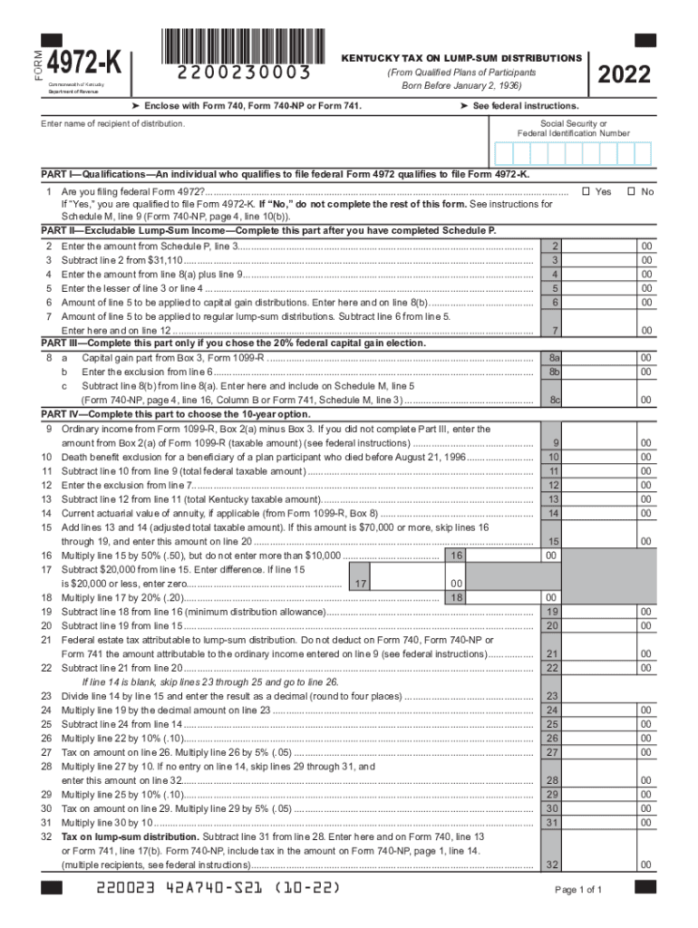  Revenue Ky GovForms4972 K 2021FORM 4972 K from Qualified Plans of Participants Kentucky 2022