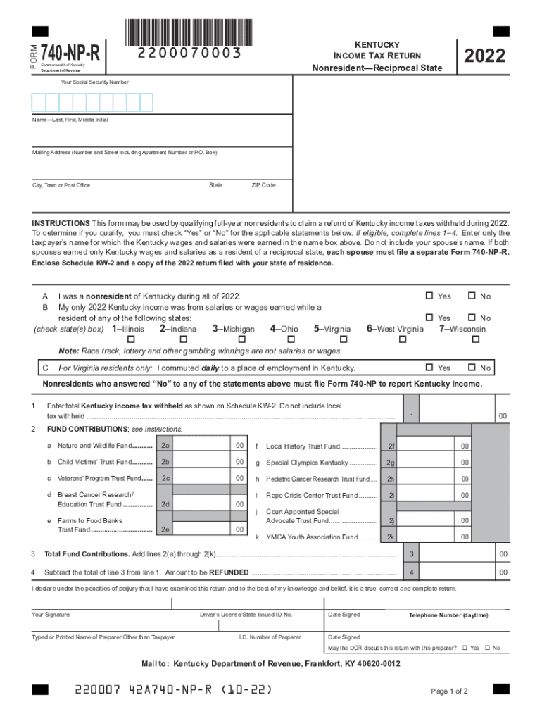  Kentucky Form 740 NP R Kentucky Income Tax Return Nonresident 2022