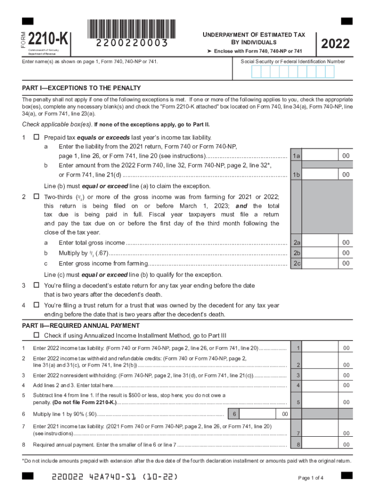  Form 2210 Underpayment of Estimated Tax by Individuals, Estates and Trusts 2022