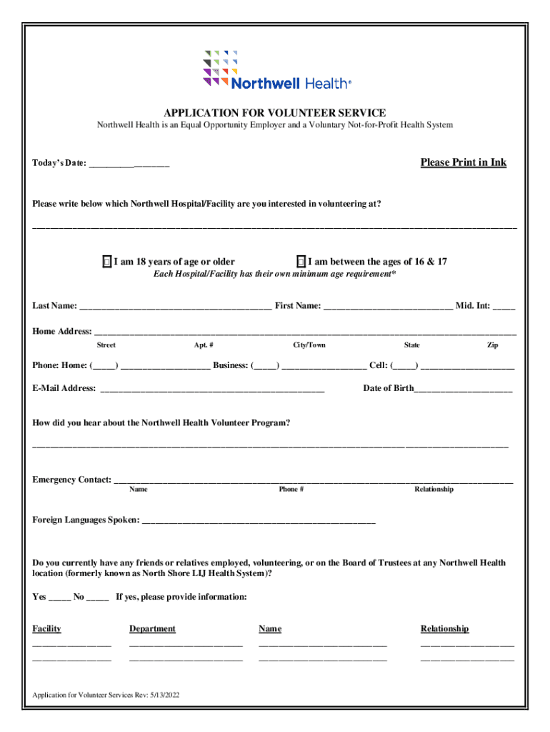  APPLICATION for VOLUNTEER SERVICE Please Print in Ink 2022-2024