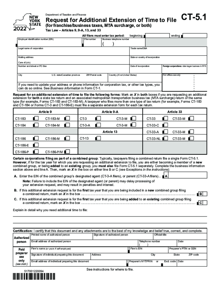  Fillable Online Form CT 5 1 Request for Additional Extension of Time to 2022