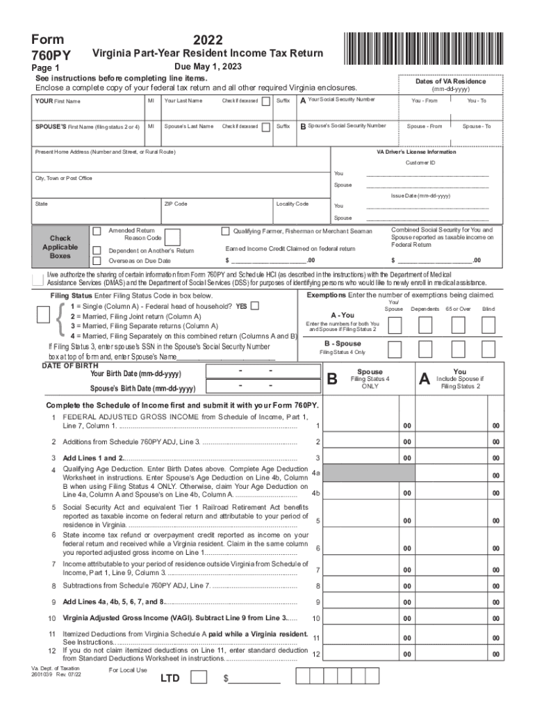  Form 760PY Virginia Part Year Resident Income Tax Return Virginia Part Year Resident Income Tax Return 2022