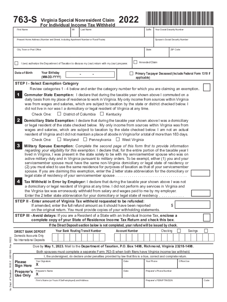  Form 763S, Virginia Special Nonresident Claim for Individual Income Tax Withheld 2022-2024