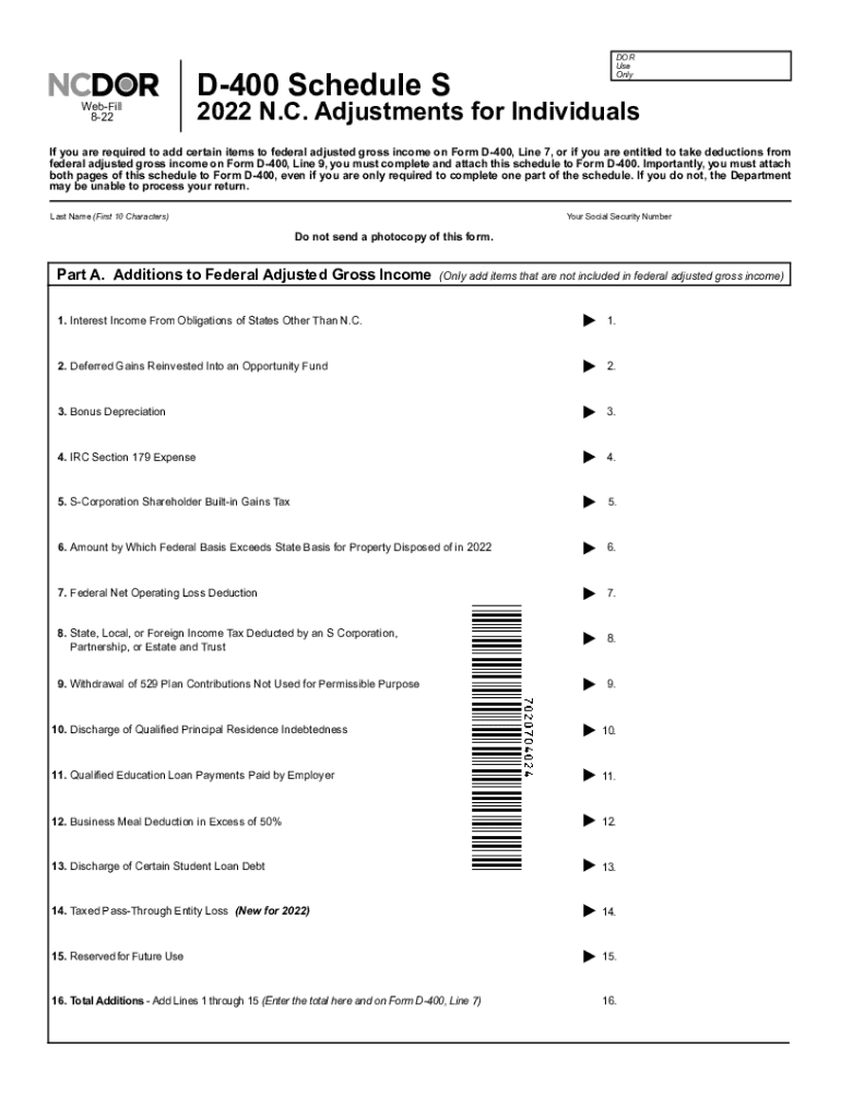  NC D 400 Schedule S Form 2022