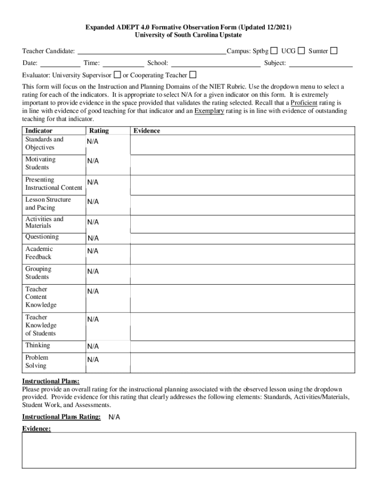 Expanded ADEPT 4 0 Formative Observation Form Updated