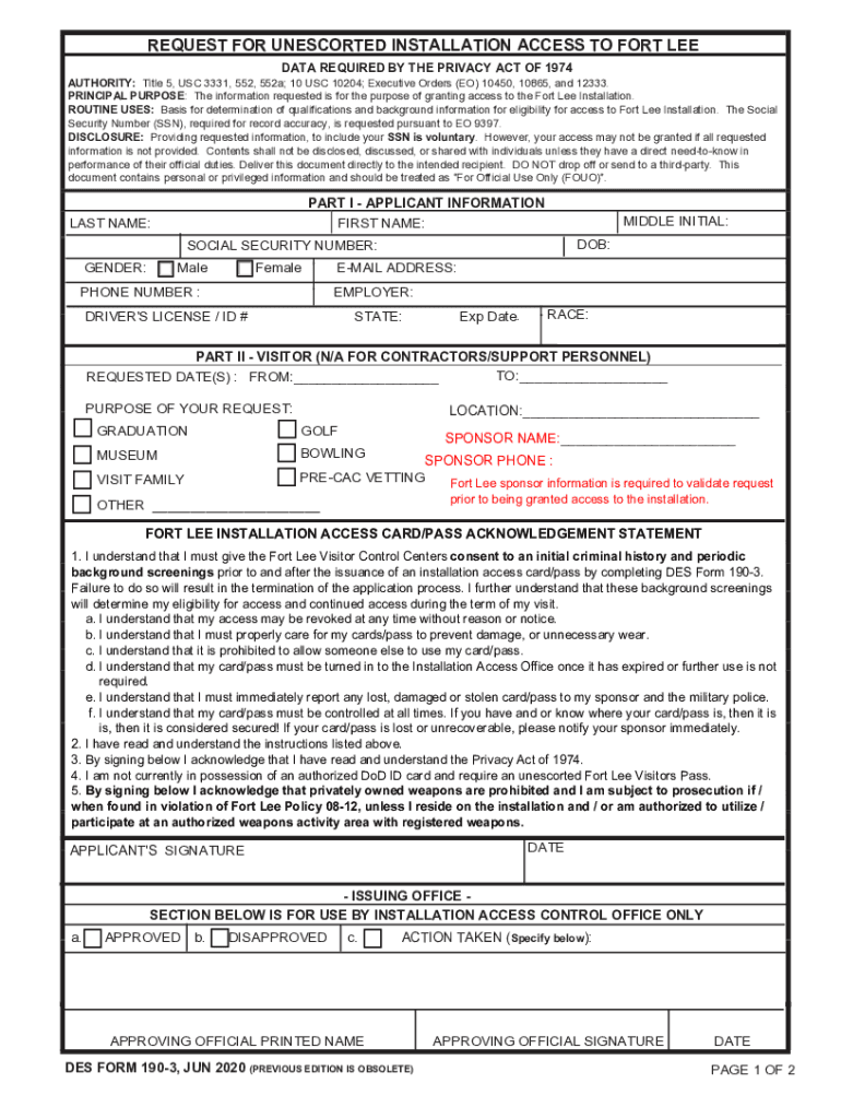  DES Form 190 3 &amp;quot;Request for Unescorted Installation Access to Fort Lee&amp;quot; 2020-2024