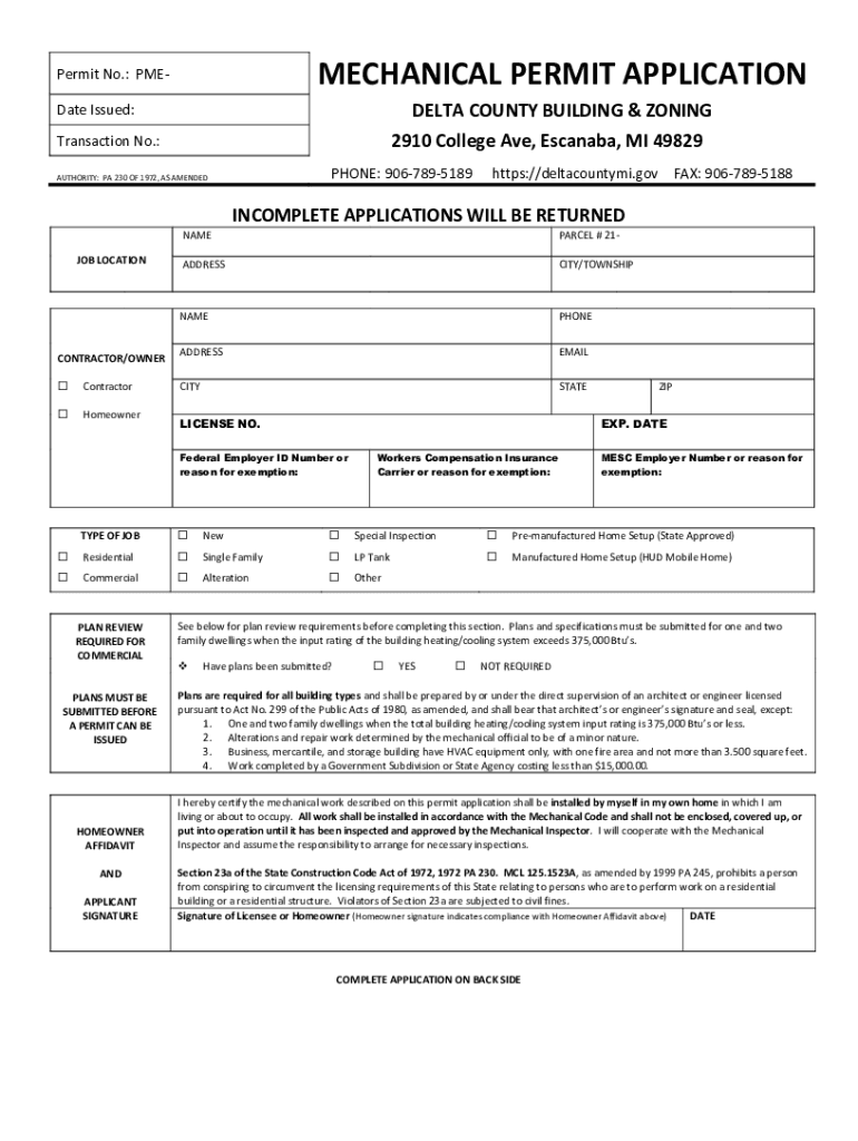 Delta County Mechanical Permit Application  Form