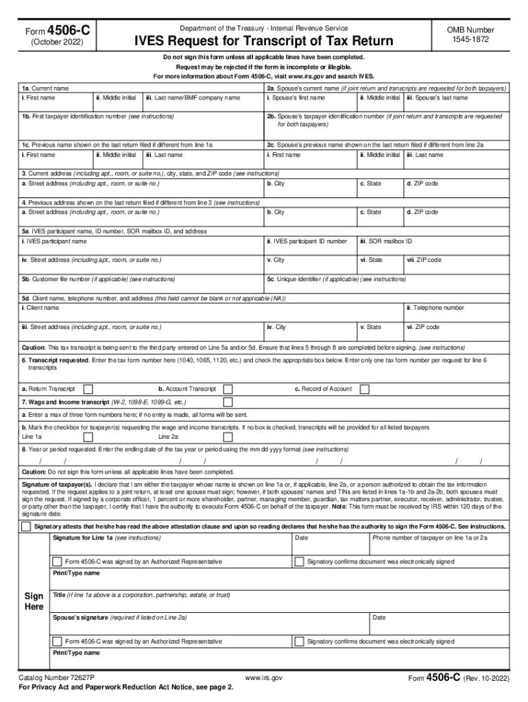  IRS Form 4506 C &amp;quot;Ives Request for Transcript of Tax Return&amp;quot; 2022-2024