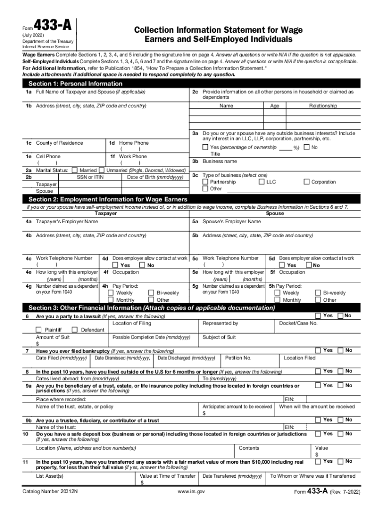  Fillable IRS Form 433 a Collection Information Statement for Wage 2022-2024