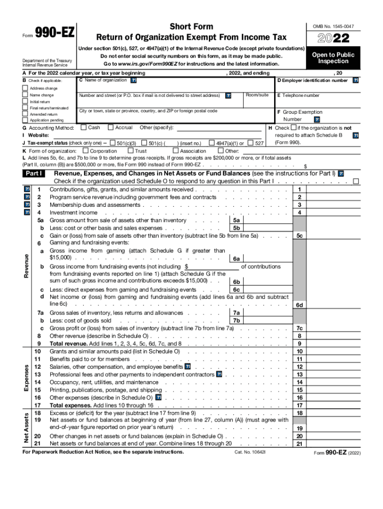  Form 990 EZ Short Form Return of Organization Exempt from Income Tax 2022