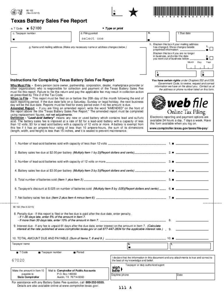  Miscellaneous Texas Tax Forms 66 102 Texas Battery Sales Fee Report 2022-2024