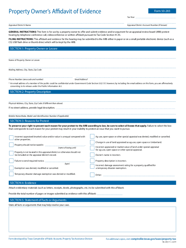  Comptroller Texas Govforms50 283Property Owners Affidavit of Evidence 2022-2024