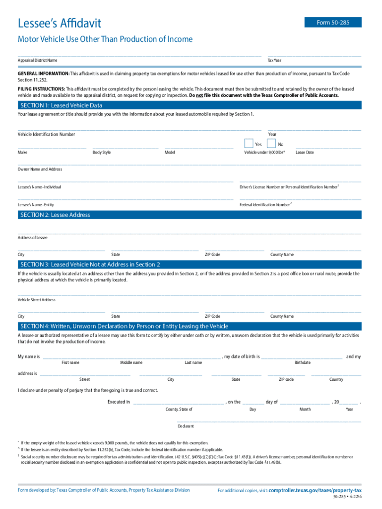  Form 50 285 &amp;quot;Lessee&#039;s Affidavit Motor Vehicle Use Other Than 2022-2024