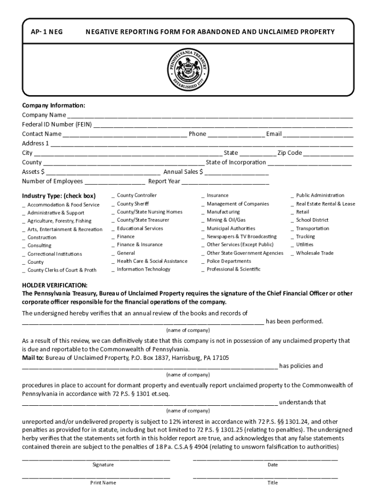 Form AP 1 &amp;quot;Report of Abandoned and Unclaimed Property TemplateRoller