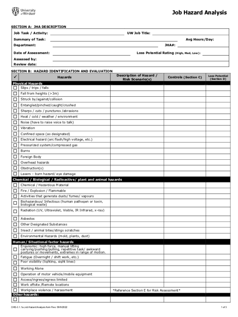 Job Hazard Analysis SECTION a JMA DESCRIPTION Job  Form