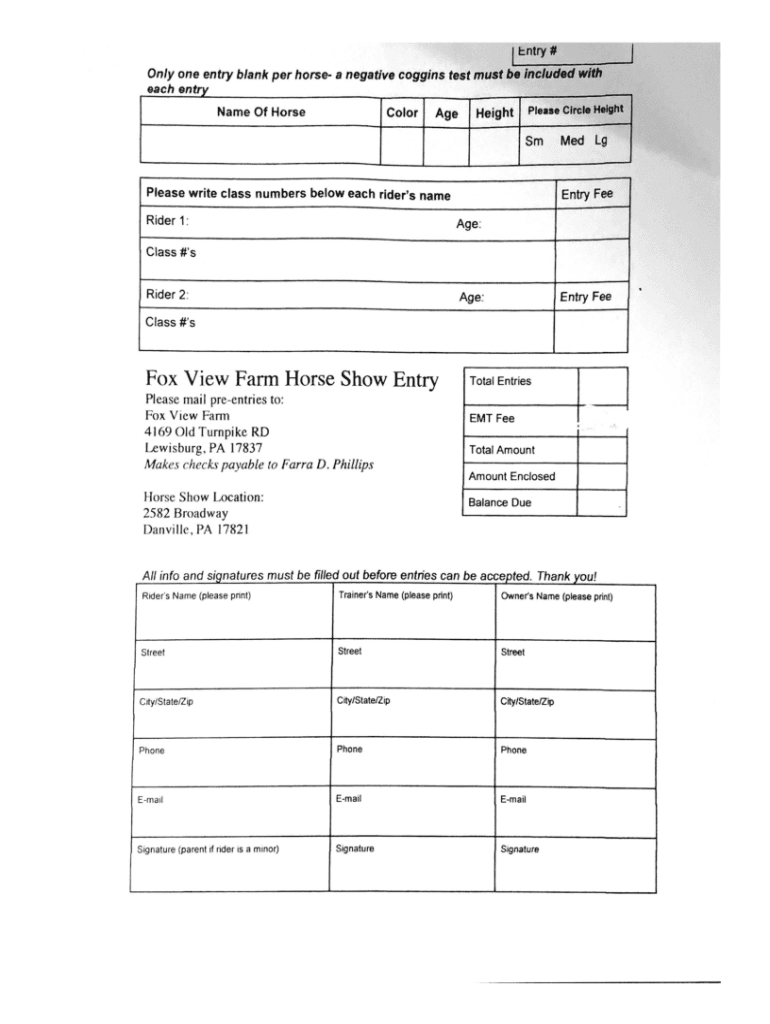 Fox View Farm Horse Show Entry  Form
