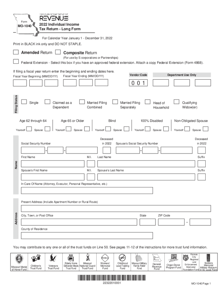  Form MO 1040 Individual Income Tax Return Long Form 2022